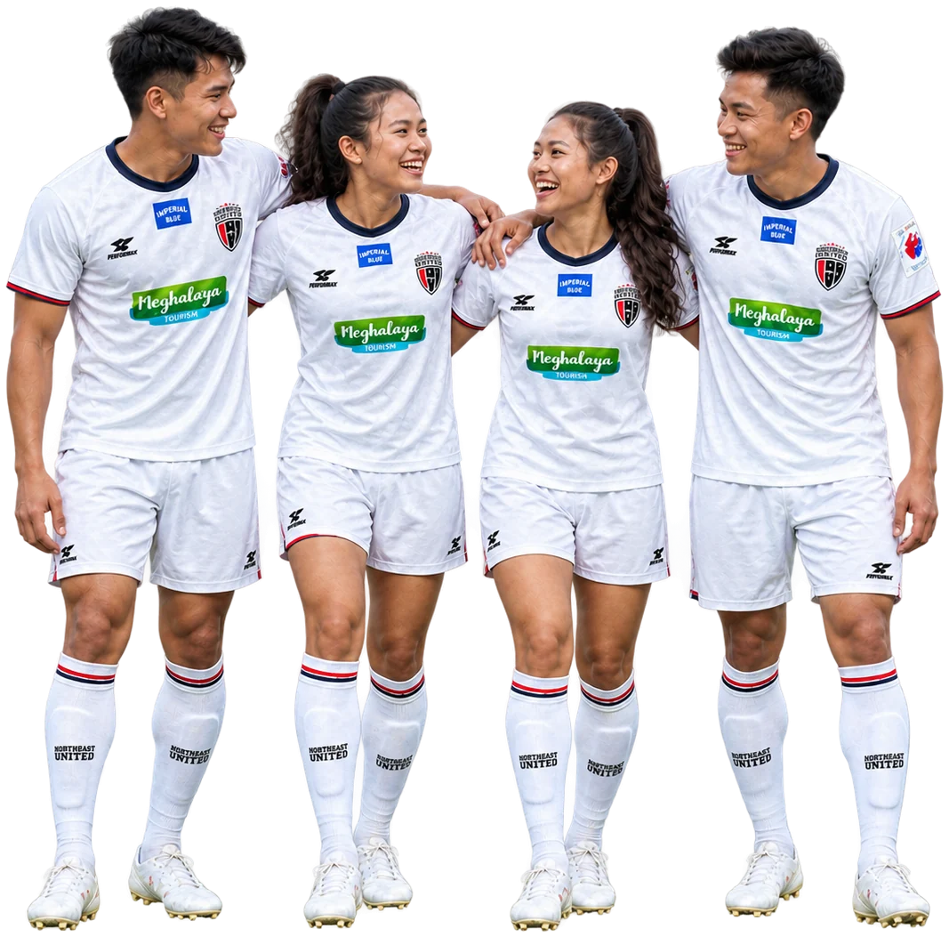 Illustrative group of four football teammates with arms around shoulders